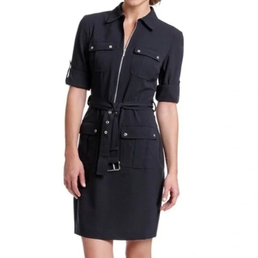 Michael Kors Black Zip Front Belted Utility Dress Size M